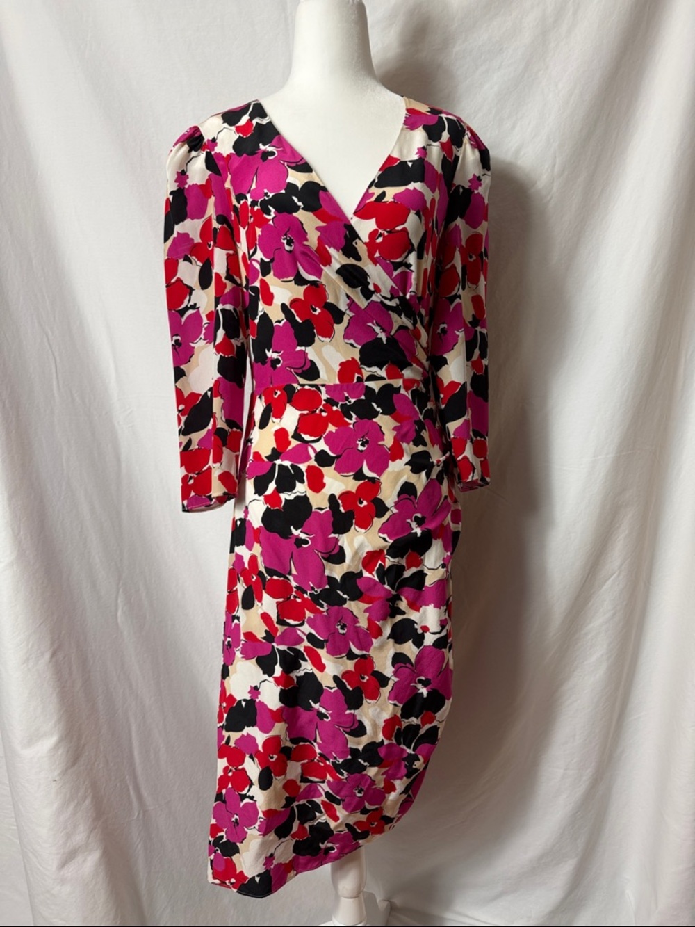 Milly Silk Midi Dress in Fuchsia, Red, Black and Cream